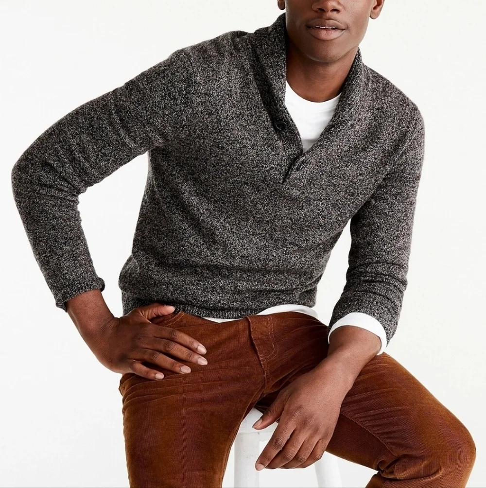 J. Crew 100% Lamb's Wool Charcoal Marled Knit Shawl Collar Slim Fit Sweater